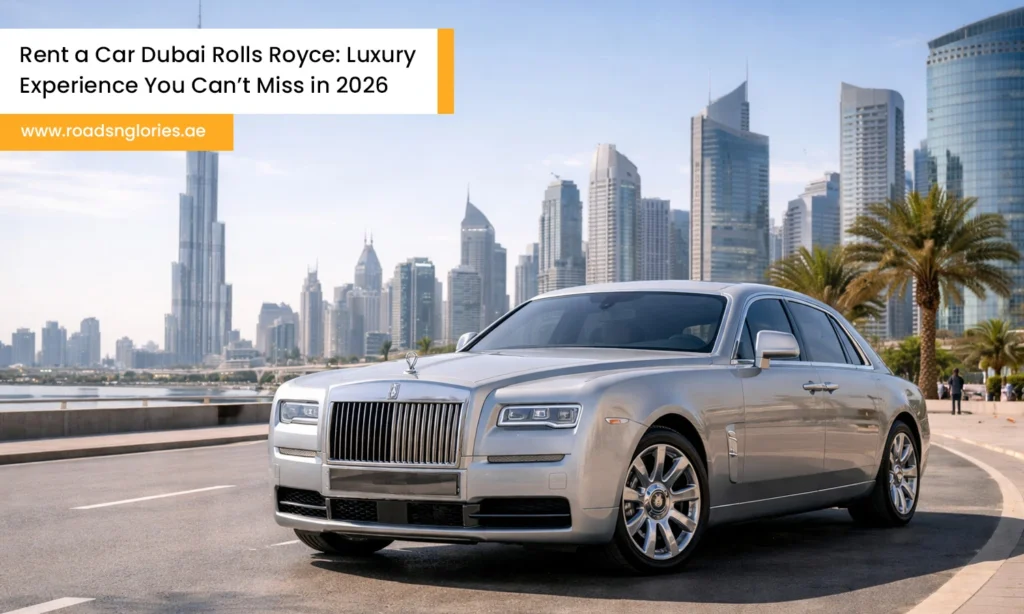 Rent a Car Dubai Rolls Royce Ghost parked on clean Dubai boulevard with modern skyline in clear daylight