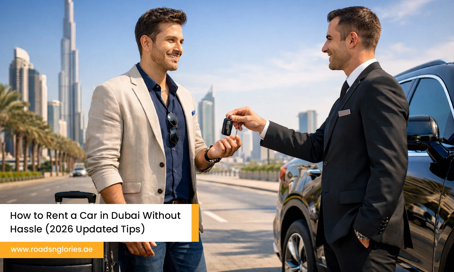Tourist Receiving Luxury SUV Rental Keys in Dubai with Burj Khalifa Skyline Background Scene